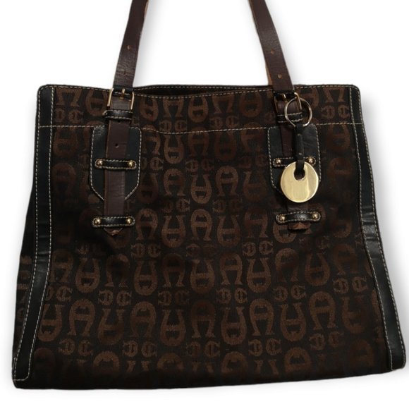 Vintage Etienne Aigner Leather Canvas Shoulder Tote Purse Handbag - Picture 4 of 8